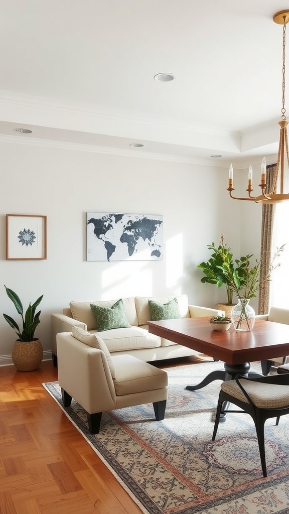 A bright living room-dining room combo featuring a wooden table, soft seating, plants, and wall art.