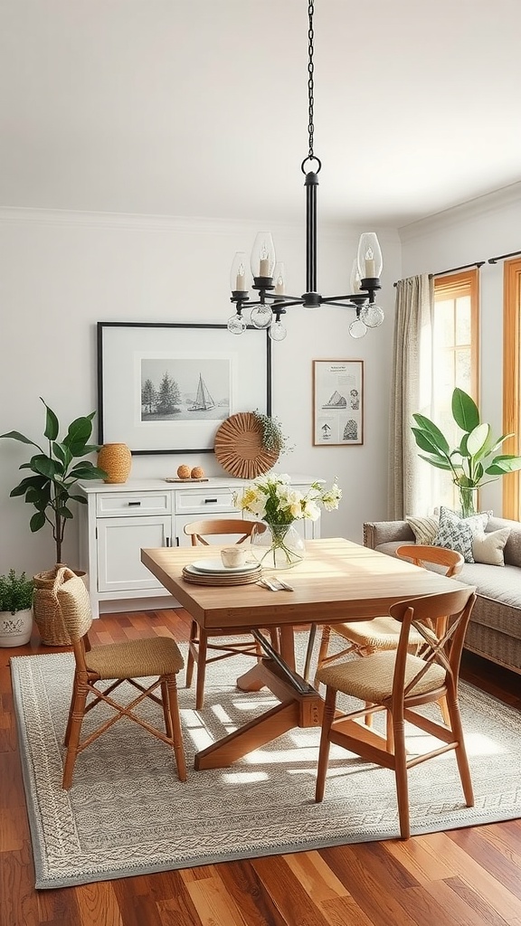 Cozy living room dining room combo with a wooden dining table and plants.