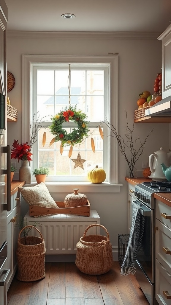 Cozy kitchen nook featuring seasonal decor with a wreath, pumpkins, and woven baskets.