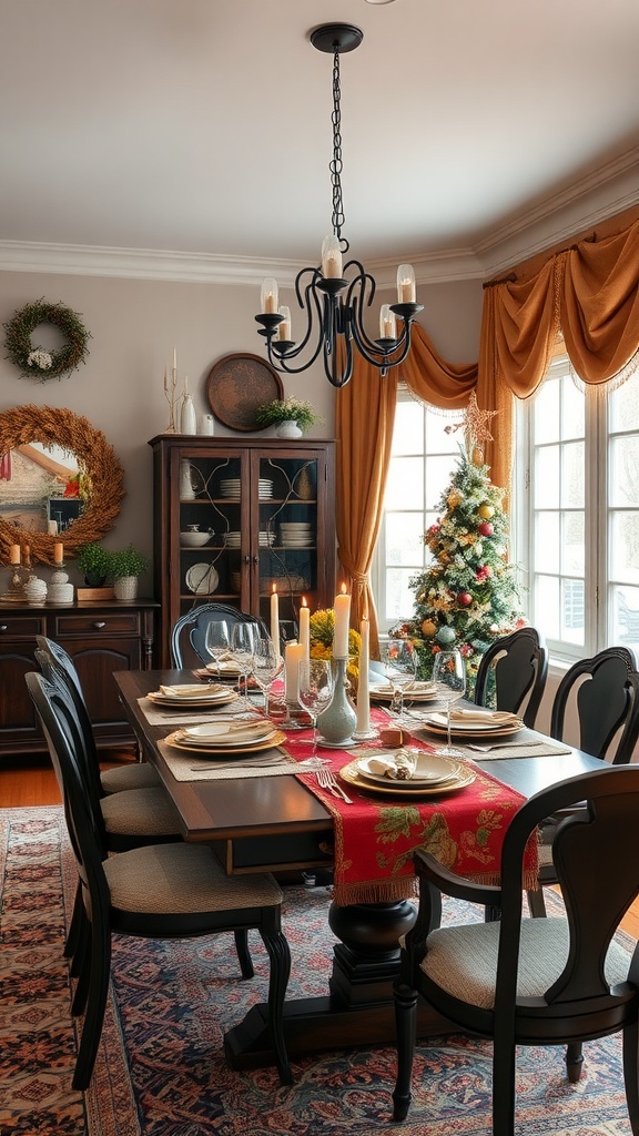 Chic dining room with seasonal decor, featuring a festive table setting, chandelier, and Christmas tree.