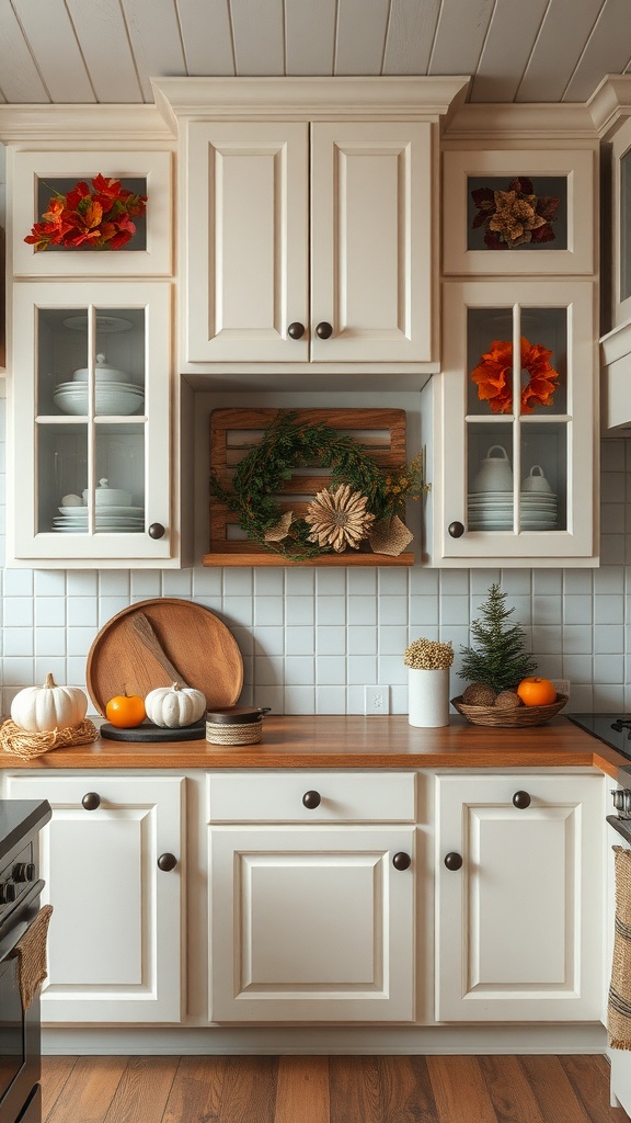 Farmhouse kitchen cabinets decorated for autumn with pumpkins, leaves, and greenery