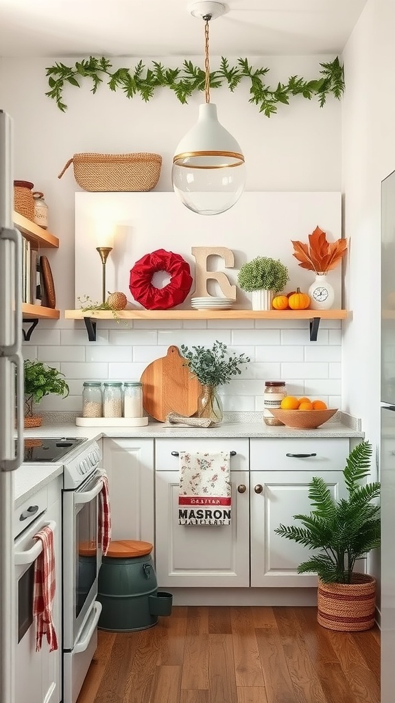 A cozy very small kitchen decorated for the fall season with greenery and pumpkins.