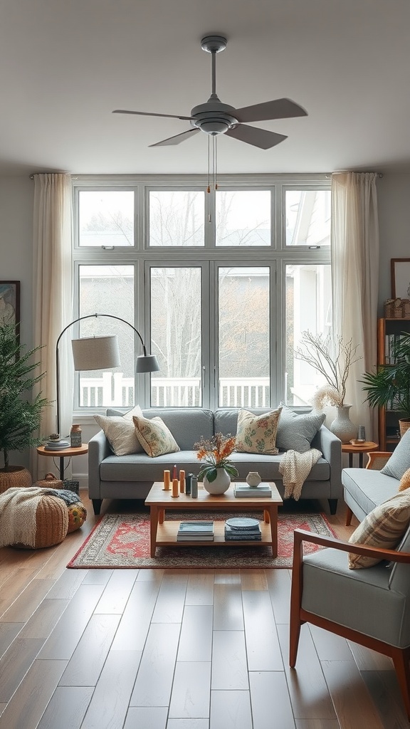 Cozy farmhouse living room with natural light, soft furnishings, and seasonal decor elements.
