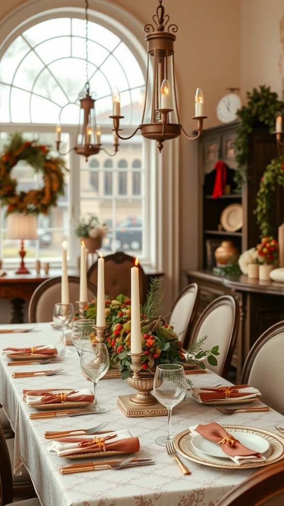 Luxurious Italian dining room decorated for the season with elegant table settings and floral centerpieces.