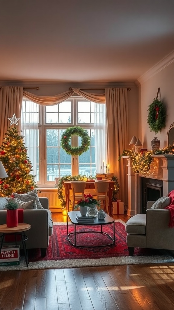 A cozy living room decorated for the Christmas season with a tree, wreaths, and warm lighting.