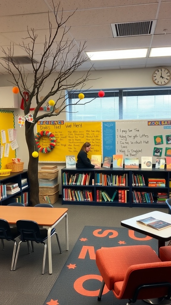 A cozy classroom reading corner with a tree decorated with pom-poms, bookshelves, and a comfortable seating area.