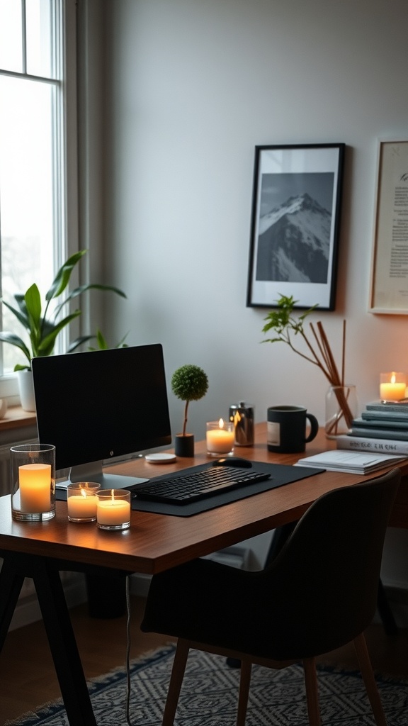 A cozy home office desk setup with candles and plants, showcasing a comfortable work environment.