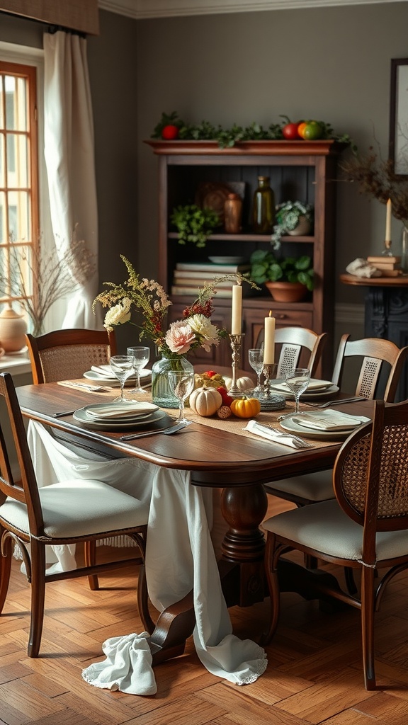 A beautifully set farmhouse dining table with a white table runner, flowers, and decorative pumpkins, surrounded by wooden chairs.