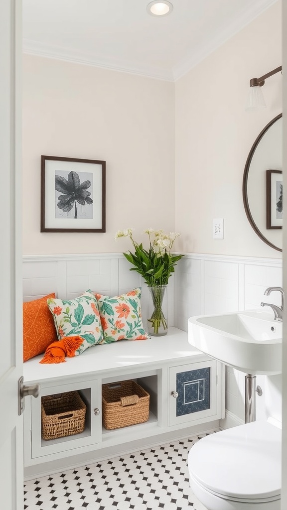 Cozy window seat with colorful pillows and storage baskets underneath.