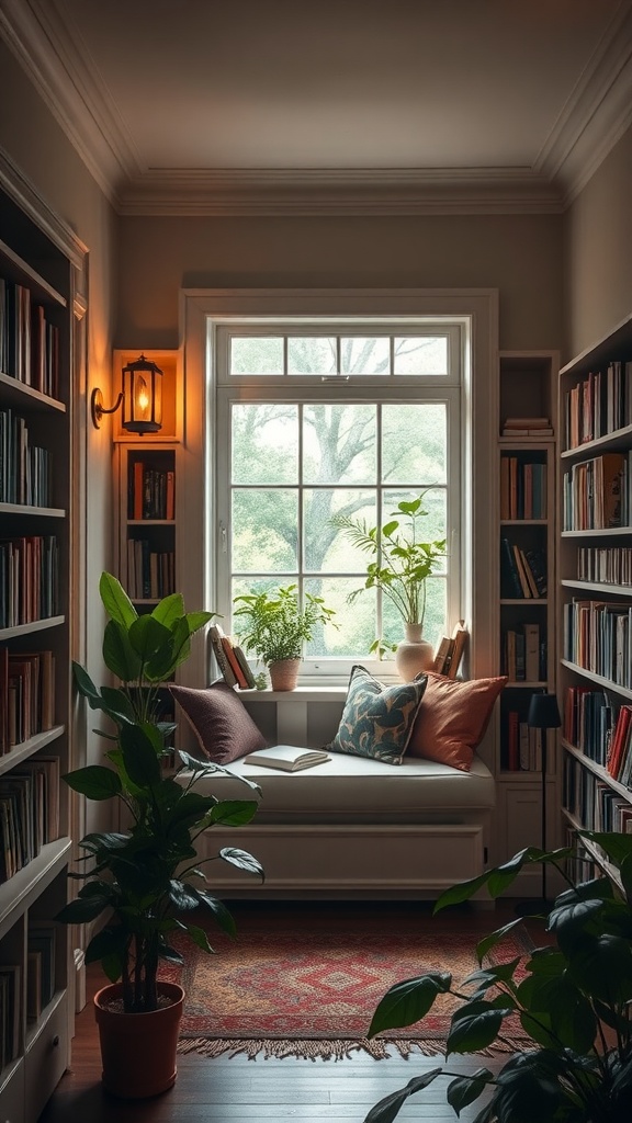 A cozy home library nook with a window seat, soft cushions, plants, and warm lighting.