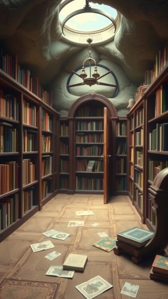 A hidden library with bookshelves, a skylight, and an open doorway