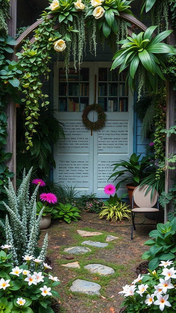 A beautiful reading nook surrounded by flowers and plants, featuring a pathway leading to a door with bookshelves.