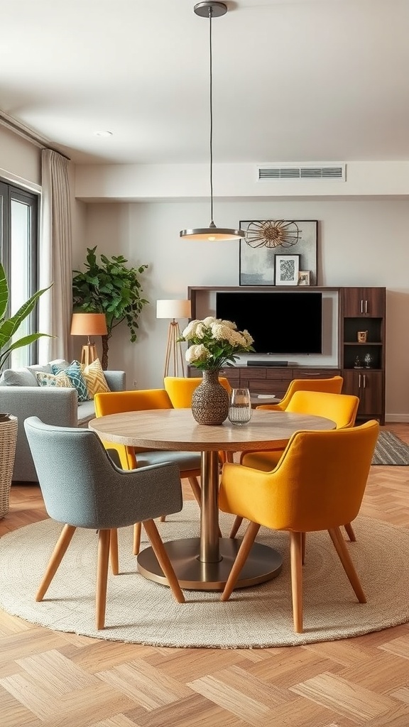 A chic living dining room combo featuring a round table with colorful chairs, a plant, and a TV unit.