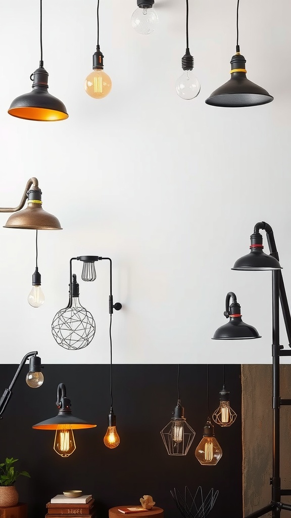 A variety of hanging light fixtures in different styles, including industrial and modern designs.