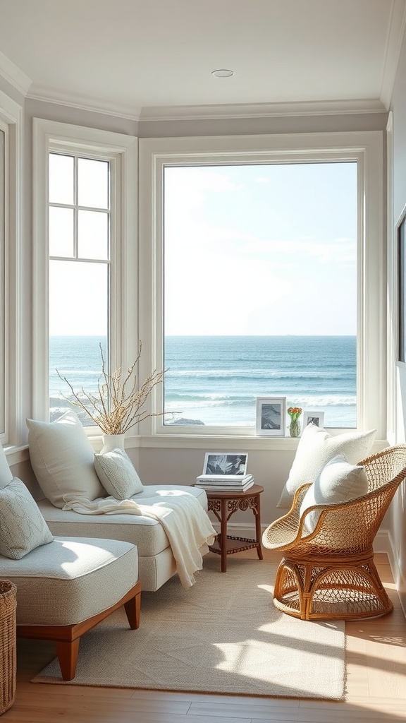 A cozy reading nook with ocean views, featuring large windows, comfortable seating, and beach house decor.