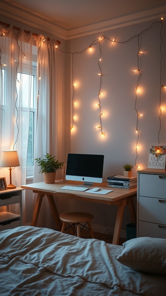 A cozy workspace with fairy lights on the wall, a computer on the desk, and plants for a serene atmosphere.