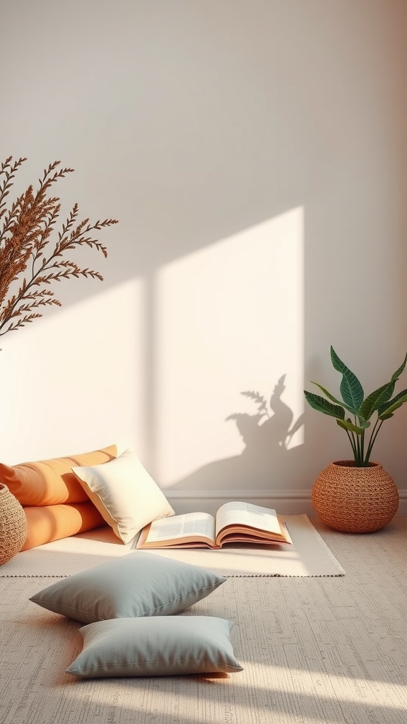 A serene meditation reading space with cushions, an open book, and plants.