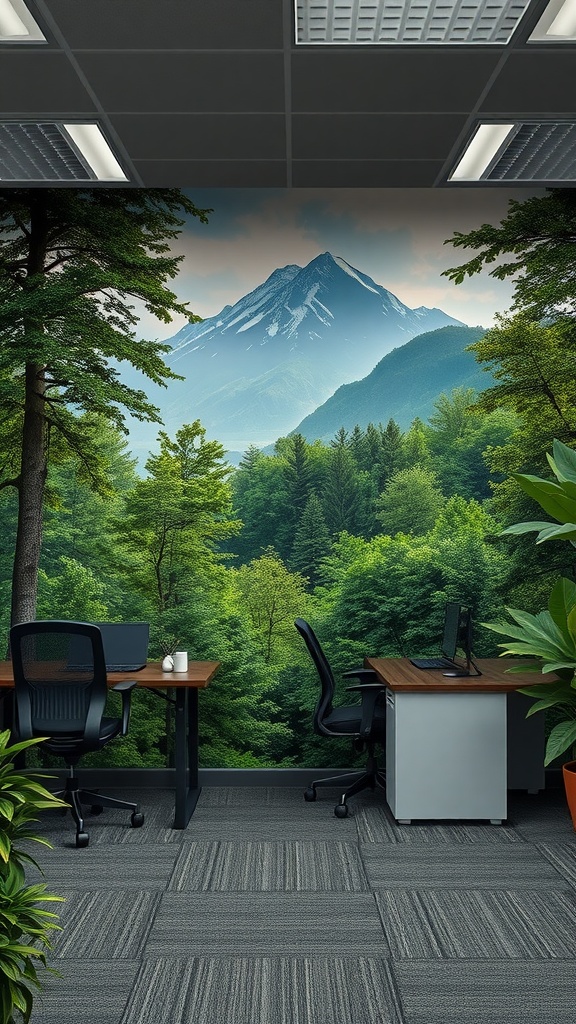 An office with a nature mural depicting mountains and trees, featuring two workstations and greenery.