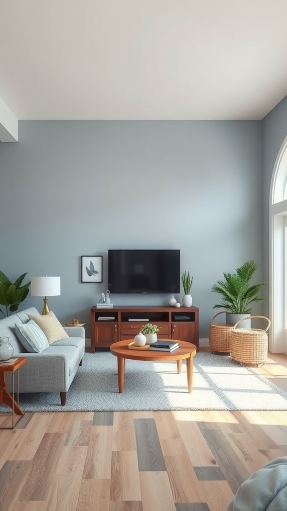A peaceful living room featuring light blue-gray walls, wooden furniture, and plants.
