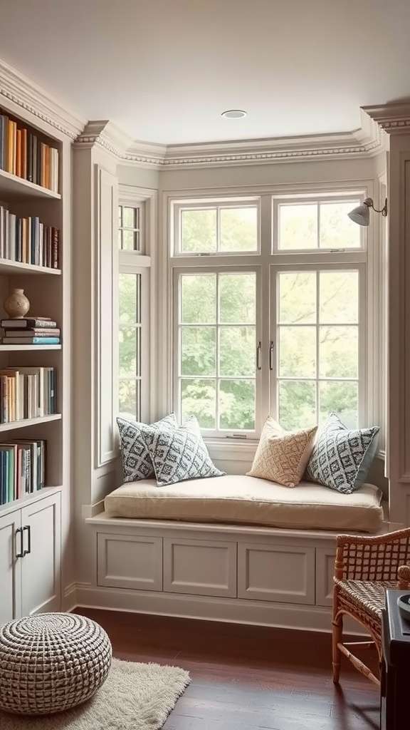 A cozy window seat with soft cushions and a view, surrounded by bookshelves.