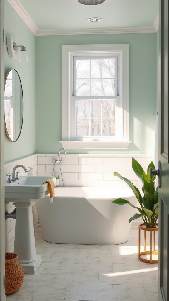 A serene bathroom featuring seafoam green walls, white accents, a large bathtub, and a plant.