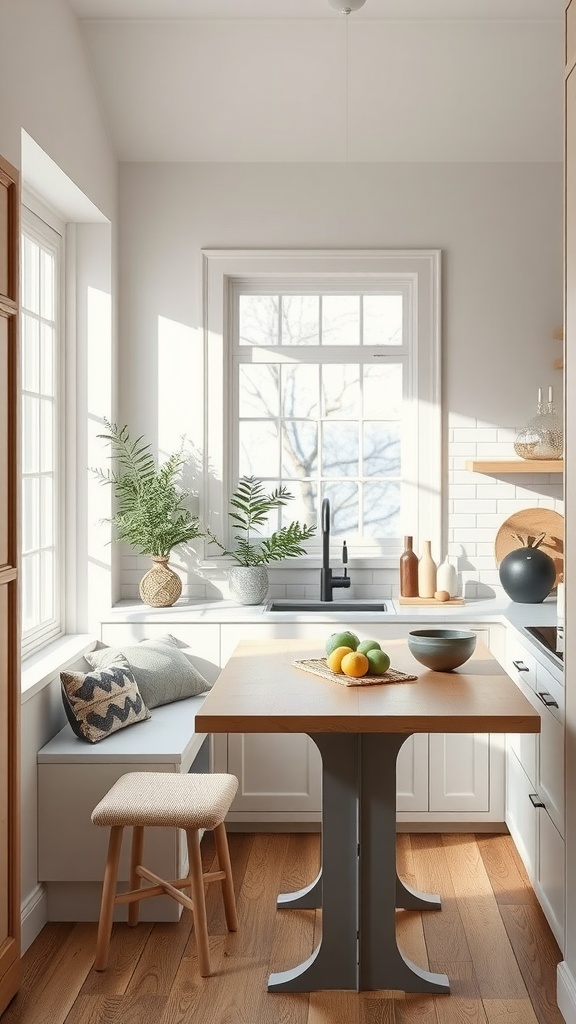 A cozy kitchen nook with a wooden table, fruits, cushions, and green plants near a large window.