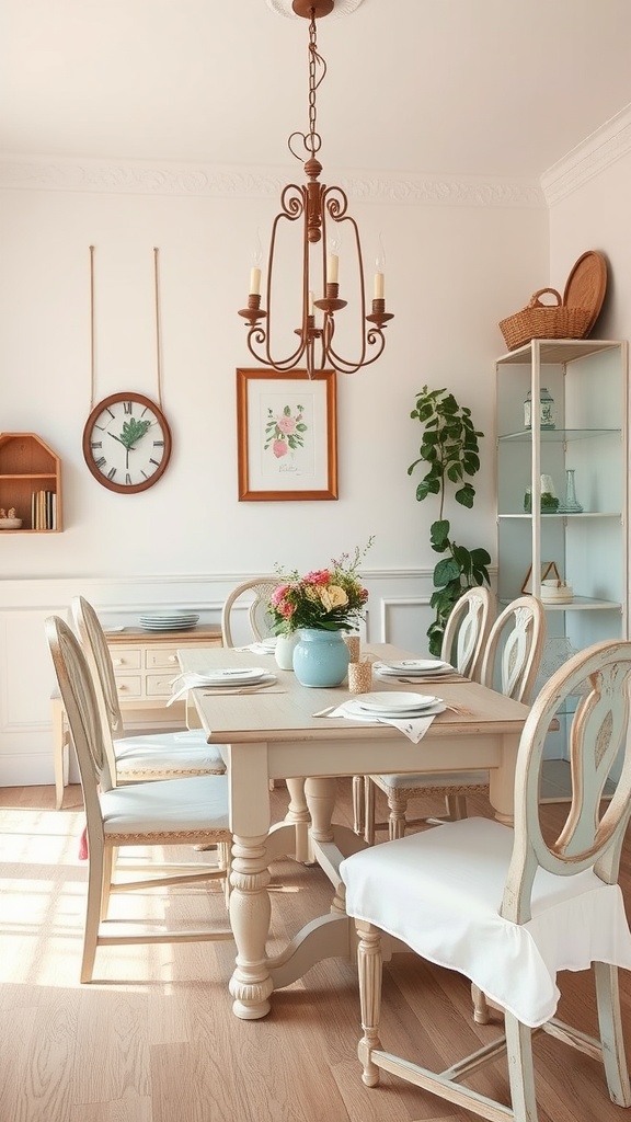 A cozy farmhouse dining room featuring a wooden table, elegant chairs, a floral centerpiece, and a vintage chandelier.