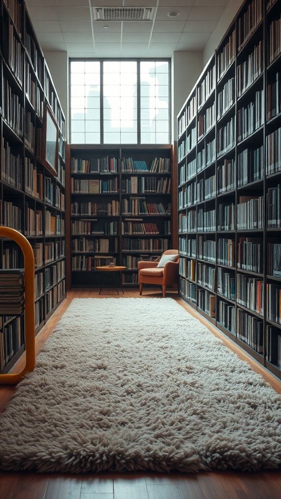 A cozy library corridor featuring a shag rug, wooden floor, tall bookshelves, and an orange chair.