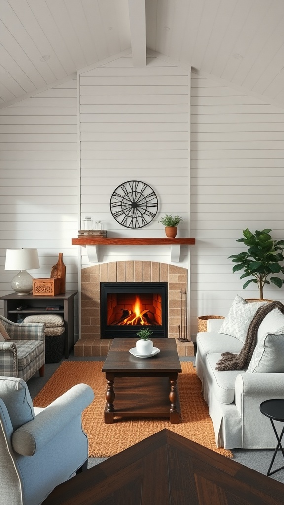 A cozy modern farmhouse living room with white shiplap walls, a fireplace, and comfortable seating.