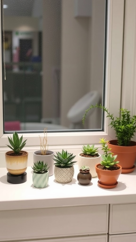 Assorted succulents in various pots on a windowsill