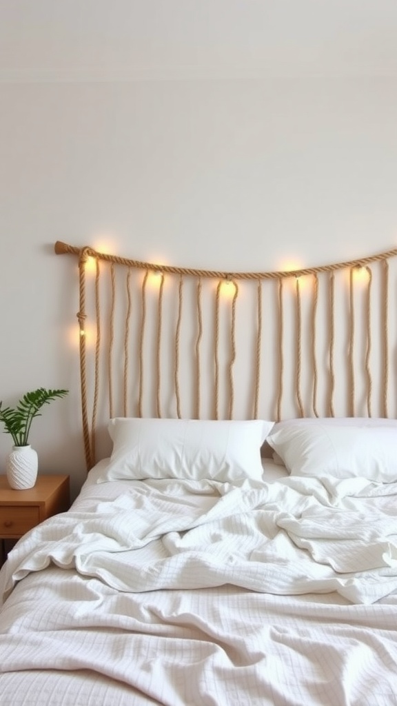 A cozy bedroom featuring sisal rope lights creatively set up as a headboard over a neatly made bed with white bedding and a green plant on the side.