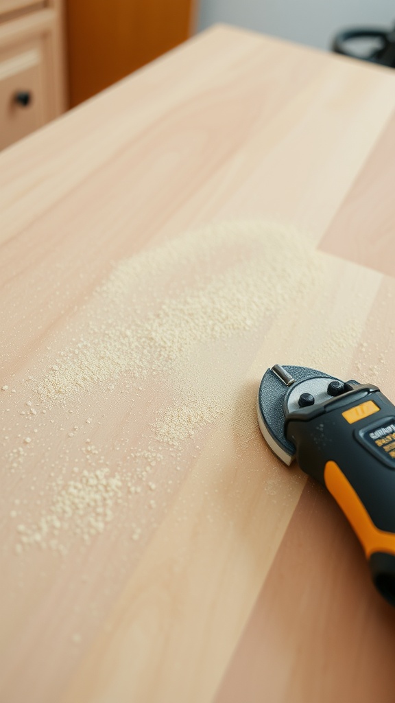 Sanded wooden surface with sawdust and a sanding tool.