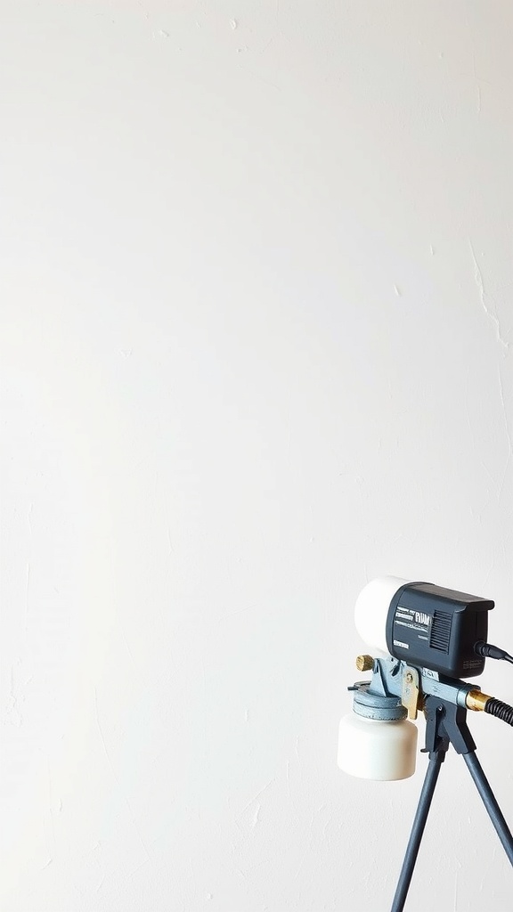 A paint sprayer positioned against a plain wall, ready for painting.