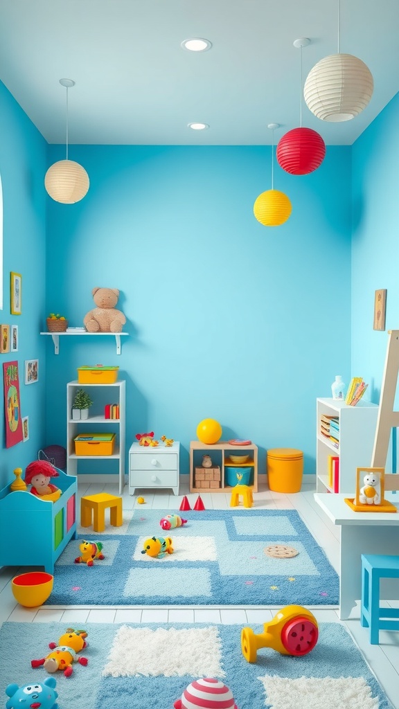A bright sky blue playroom filled with toys and colorful decor
