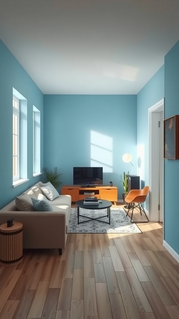 A small living room painted in sky blue with a cozy couch and a modern aesthetic.