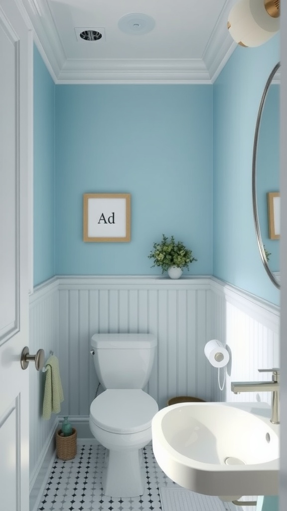 Small bathroom with sky blue walls, white wainscoting, and modern fixtures.