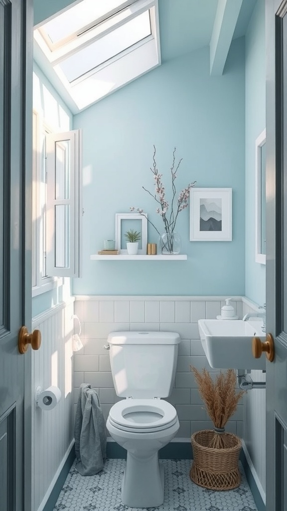 Small bathroom painted in sky blue with natural light and simple decor.