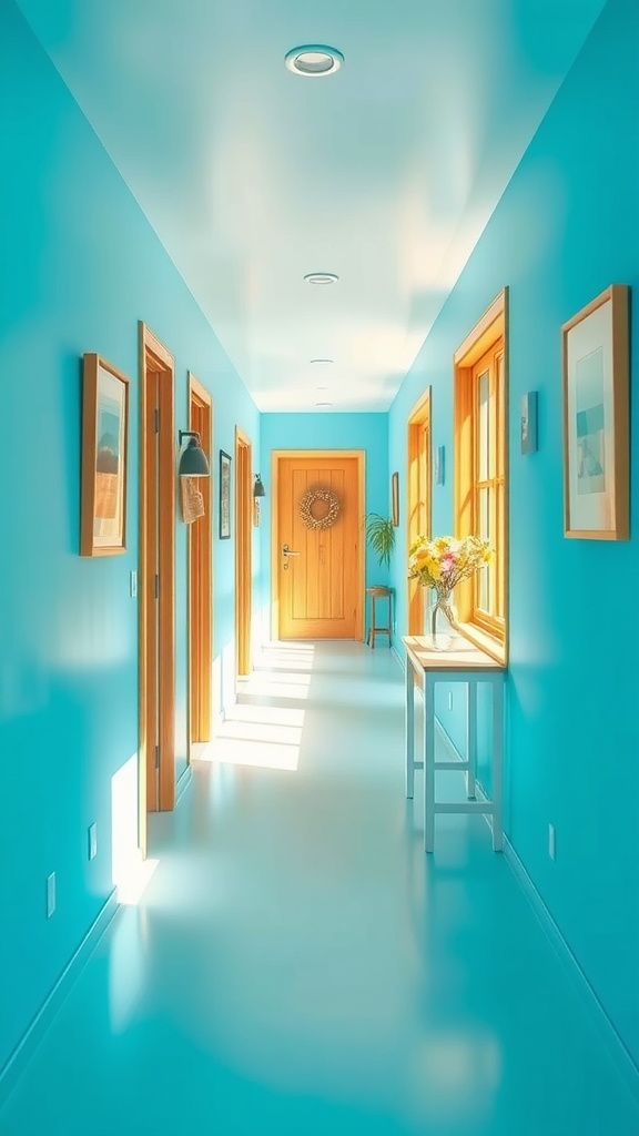 A bright sky blue hallway with wooden doors and a small table, creating a cheerful and open atmosphere.