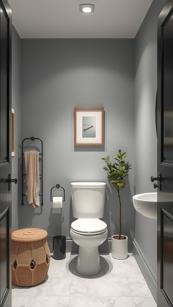 A small bathroom featuring Sky Grey walls, white fixtures, and modern decor.