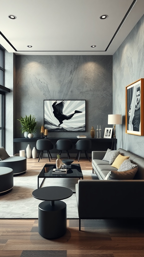Modern living room with blue-gray walls and contemporary furniture