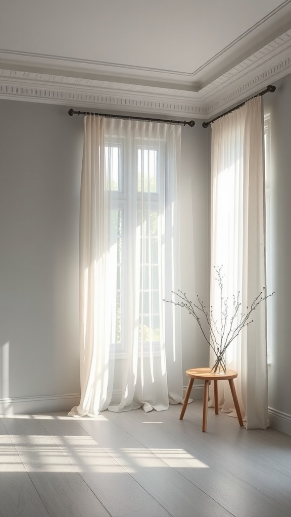 A peaceful room with sunlight streaming through sheer curtains, showcasing Skyfall SW 6486 paint color on the walls.