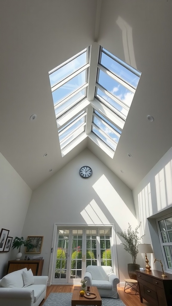 Bright living room with vaulted ceiling and skylights