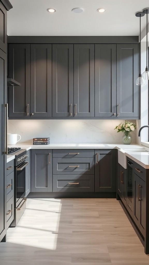 A modern kitchen featuring sleek slate gray cabinets, white countertops, and warm lighting.