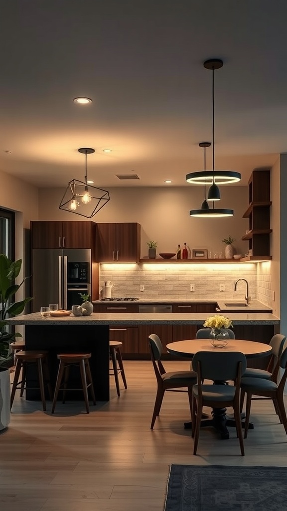 A modern kitchen with sleek bar lights over a breakfast nook, showcasing a stylish dining table and warm wooden cabinetry.