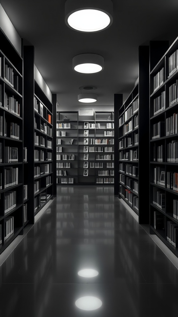 Modern black and white home library with bookshelves and polished floor