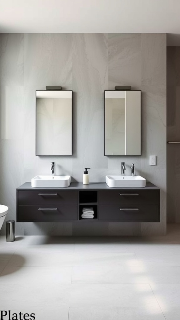 A sleek floating vanity with two sinks and mirrors, set against a light gray wall