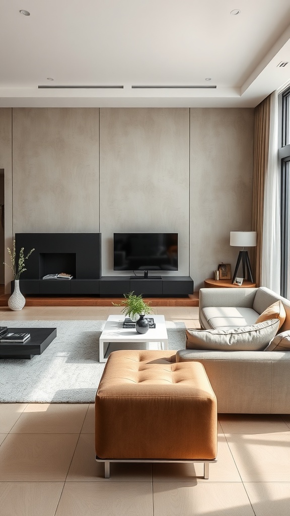 A modern living room featuring sleek furniture with clean lines, including a low-profile sofa, ottoman, and minimalist coffee table.