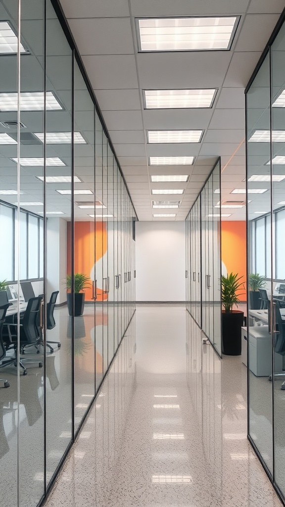 A sleek office hallway with glass walls and colorful accent walls, showcasing modern office design.