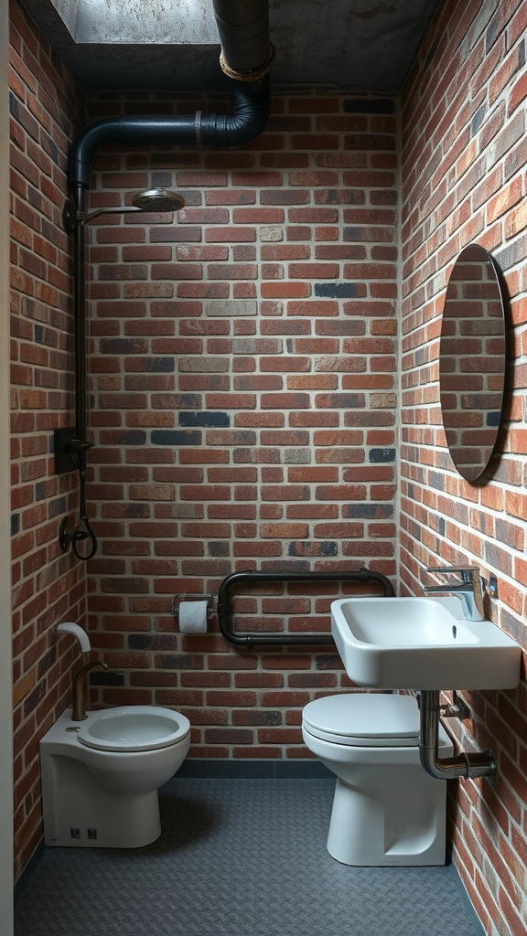 A sleek industrial chic bathroom featuring exposed brick walls, minimalist fixtures, and industrial piping.