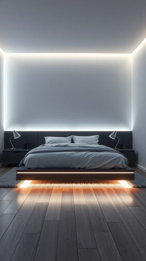 A modern bedroom with LED strip lights glowing under a sleek bed, enhancing the wooden floor.